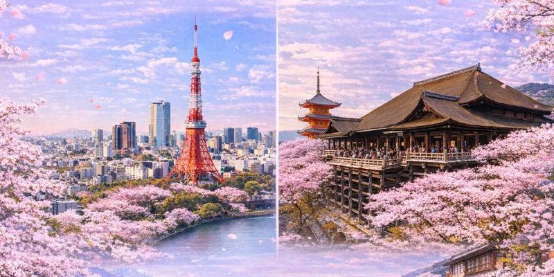 Hoa anh đào bắt đầu nở vào mùa xuân, tạo nên khung cảnh lãng mạn đặc trưng của Nhật Bản